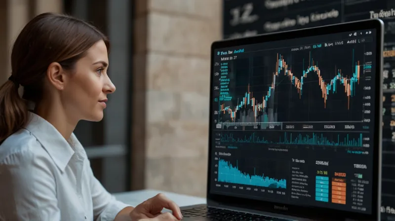 Mujer analizando gráficos de trading en pantalla